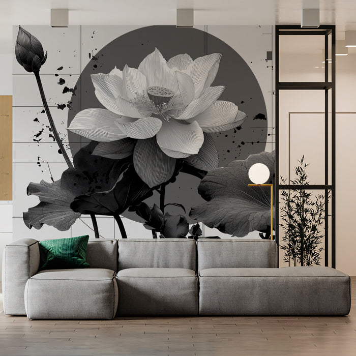 Abstract Monochrome Lotus Bloom Wallpaper | Modern Botanical Art with Splatters