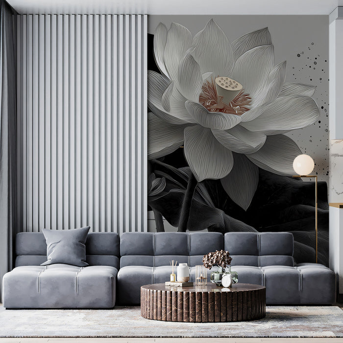 Serene Monochrome Lotus Flower Wallpaper | Elegant Botanical Art with Geometric Accents