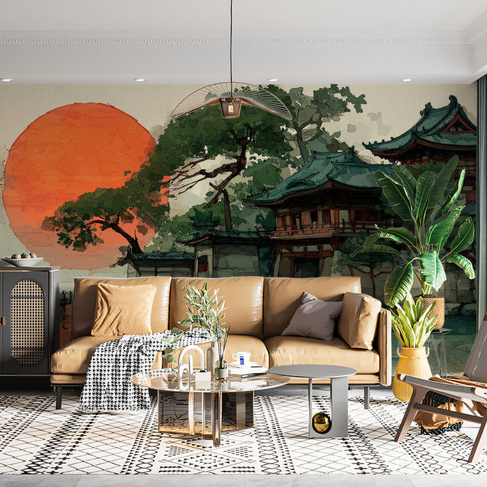 Japanischer Tempel Sonnenuntergang Landschaft Hintergrund | Stille asiatische Architektur am Wasser