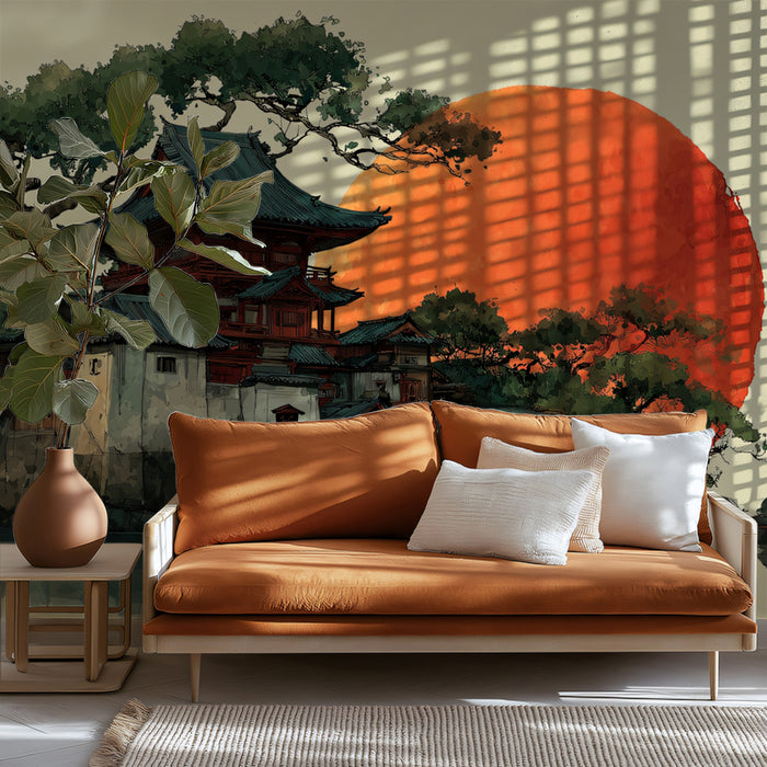 Traditional Japanese Temple Sunset Wallpaper | Vibrant Asian Landscape with Red Sun