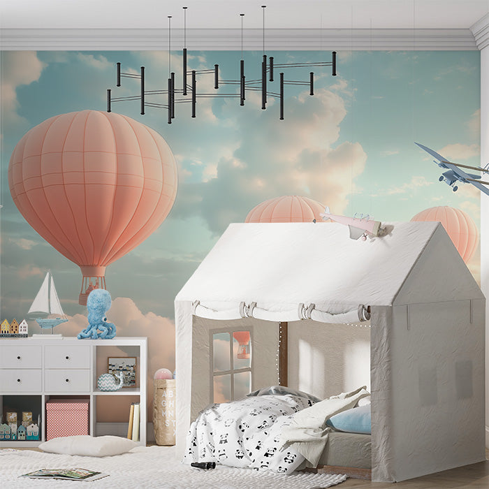 Hot Air Balloon and Bear Mural Wallpaper in Child's Room | Pastel Colors (Pink, Blue, etc.) of Balloons -1