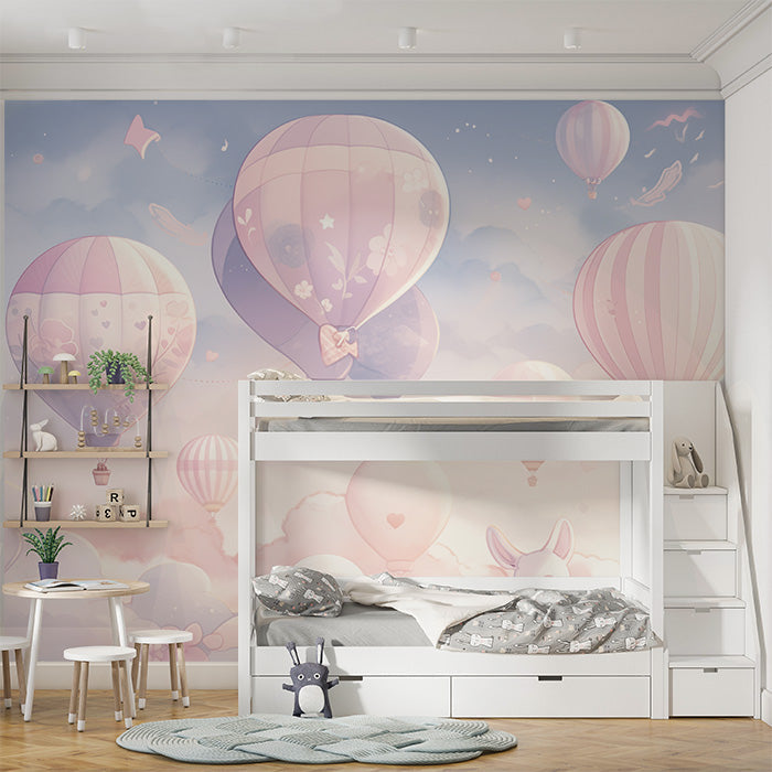 Hot Air Balloon and Bear Mural Wallpaper in Child's Room | Pastel Colors (Pink, Blue, etc.) of Balloons -2