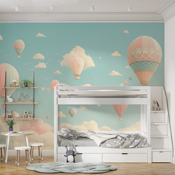 Hot Air Balloon and Bear Mural Wallpaper in Child's Room | Pastel Colors (Pink, Blue, etc.) of Balloons -3