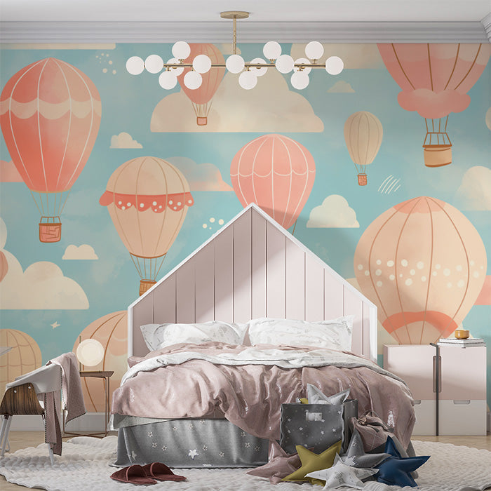 Hot Air Balloon and Bear Mural Wallpaper in Child's Room | Pastel Colors (Pink, Blue, etc.) of Balloons -4