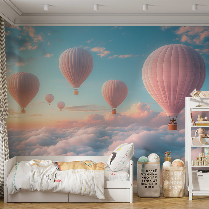 Hot Air Balloon and Bear Mural Wallpaper in Child's Room | Pastel Colors (Pink, Blue, etc.) of Balloons -5