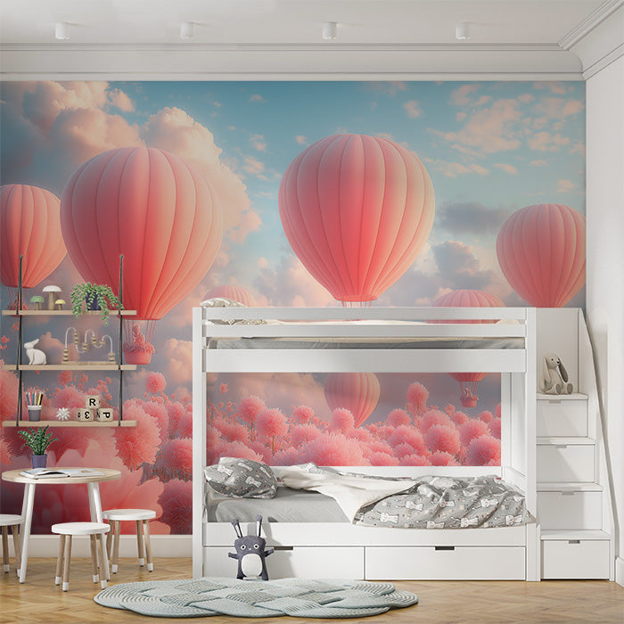 Hot Air Balloon and Bear Mural Wallpaper in Child's Room | Pastel Colors (Pink, Blue, etc.) of Balloons -6