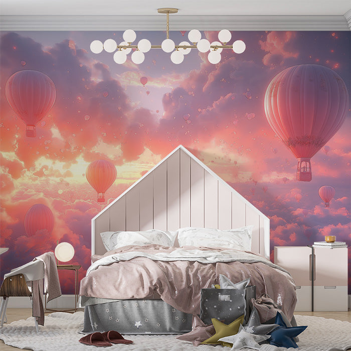 Hot Air Balloon and Bear Mural Wallpaper in Child's Room | Pastel Colors (Pink, Blue, etc.) of Balloons -7