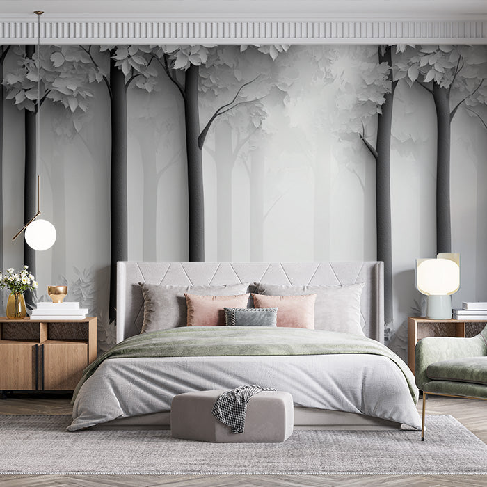 Gray Tree and Leaf Mural Wallpaper in Bedroom | Gray and White Tree and Leaf