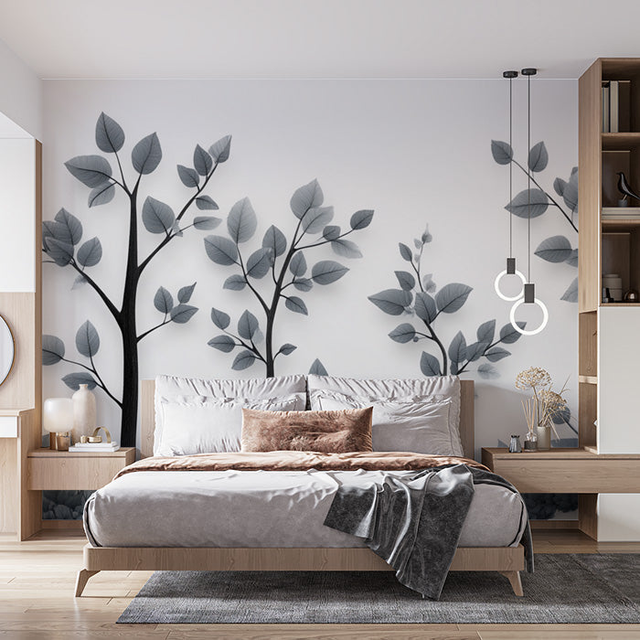 Gray Tree and Leaf Mural Wallpaper in Bedroom | Gray and White Tree and Leaf -1