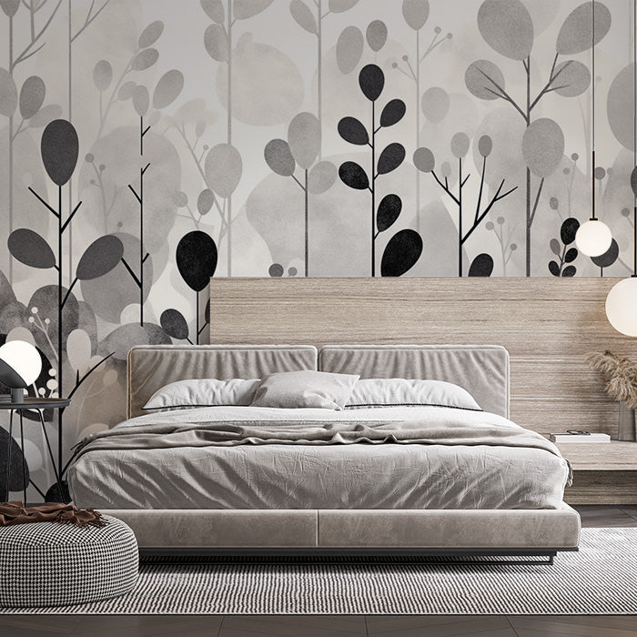 Gray Tree and Leaf Mural Wallpaper in Bedroom | Gray and White Tree and Leaf -2