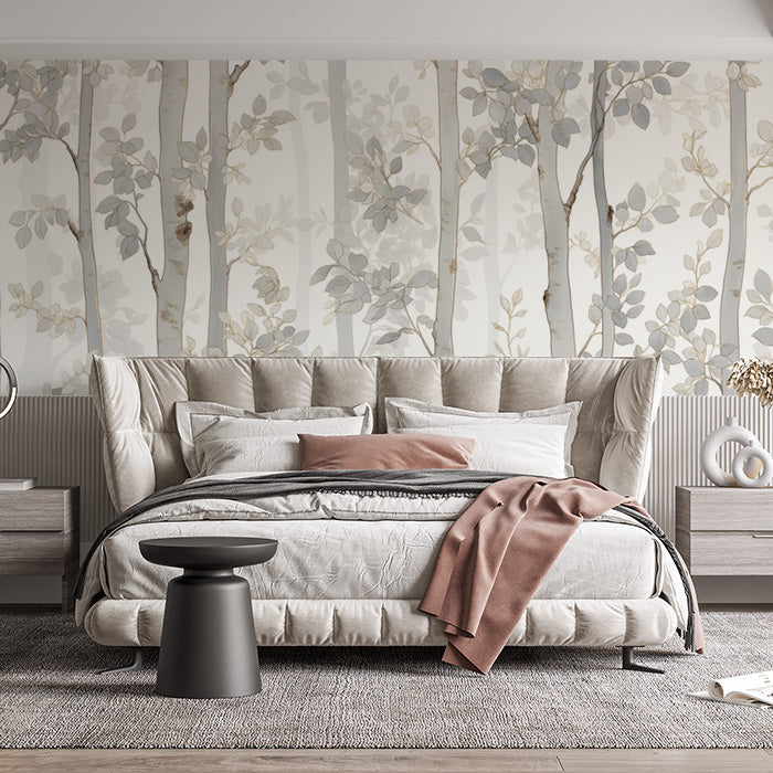 Gray Tree and Leaf Mural Wallpaper in Bedroom | Gray and White Tree and Leaf -4