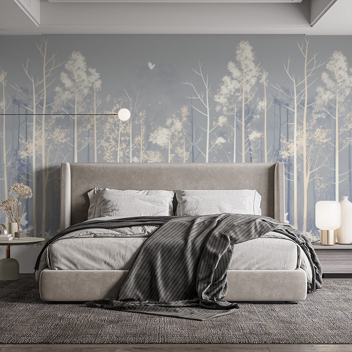 Gray Tree and Leaf Mural Wallpaper in Bedroom | Gray and White Tree and Leaf -5