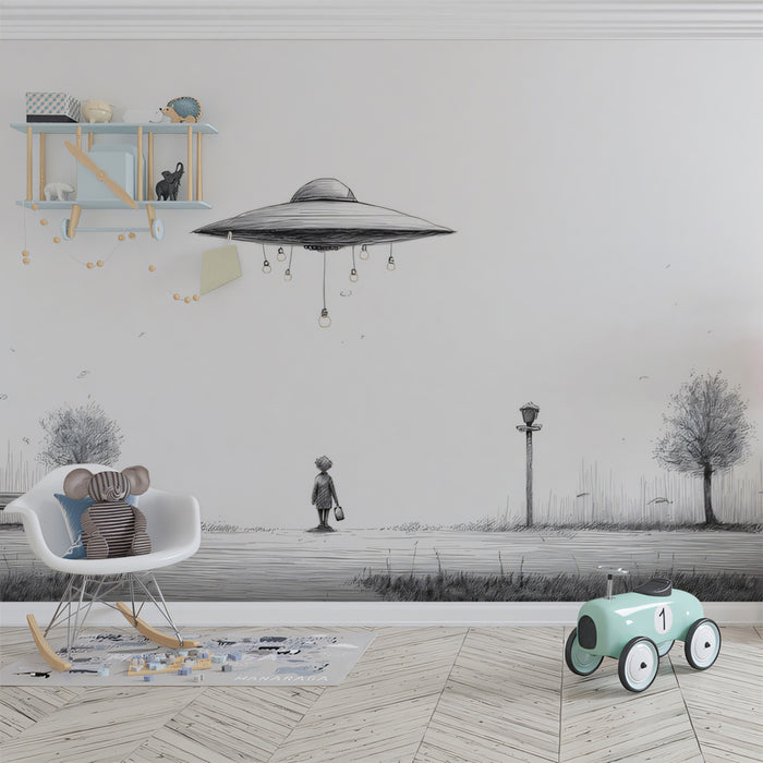 Whimsical UFO Park Encounter Wallpaper | Minimalist Sketch Scene with Child