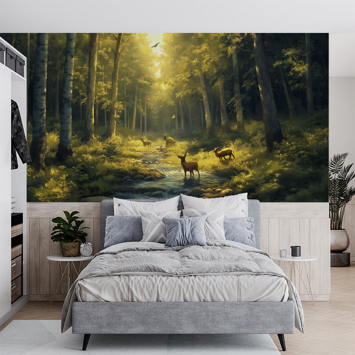 Forest and Deer Mural Wallpaper in Bedroom | Various Shades of Green, Brown, and Yellow Forest