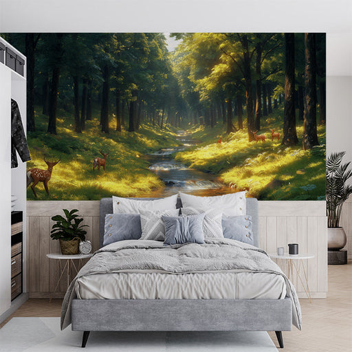 Forest and Deer Mural Wallpaper in Bedroom | Various Shades of Green, Brown, and Yellow Forest -1
