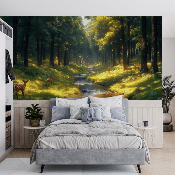 Forest and Deer Mural Wallpaper in Bedroom | Various Shades of Green, Brown, and Yellow Forest -1