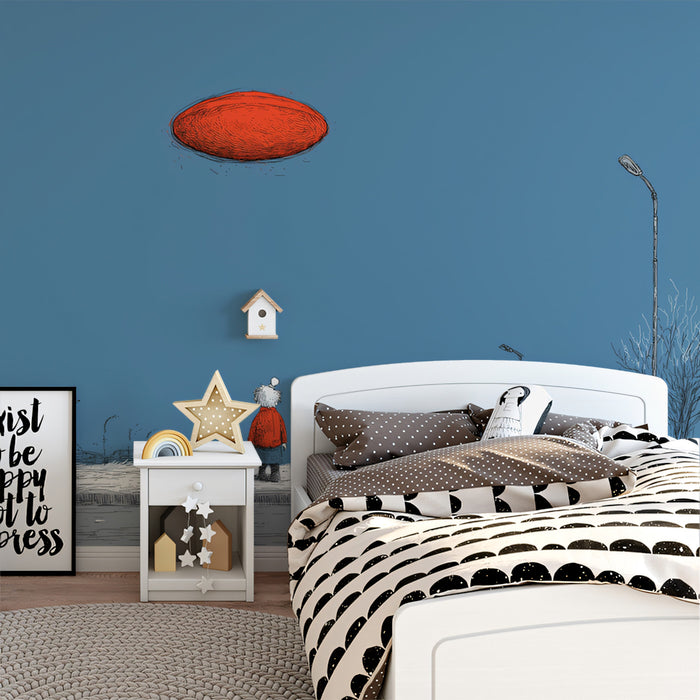 Red UFO Winter Scene Wallpaper | Minimalist Child & Mysterious Sky Art