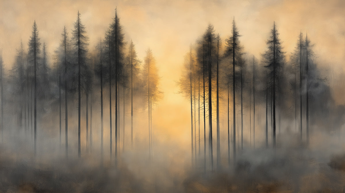 Carta da parati murale "Foresta al tramonto" in camera da letto | Foresta arancione, gialla e nera