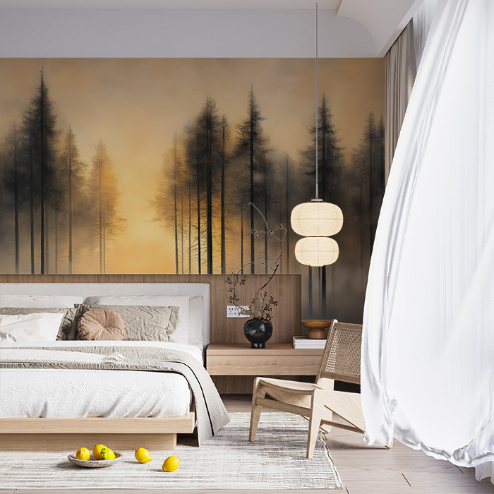 Forest at Sunset Mural Wallpaper in Bedroom | Orange, Yellow, and Black Forest