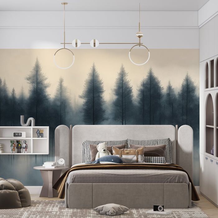 Forest at Sunset Mural Wallpaper in Bedroom | Orange, Yellow, and Black Forest -1