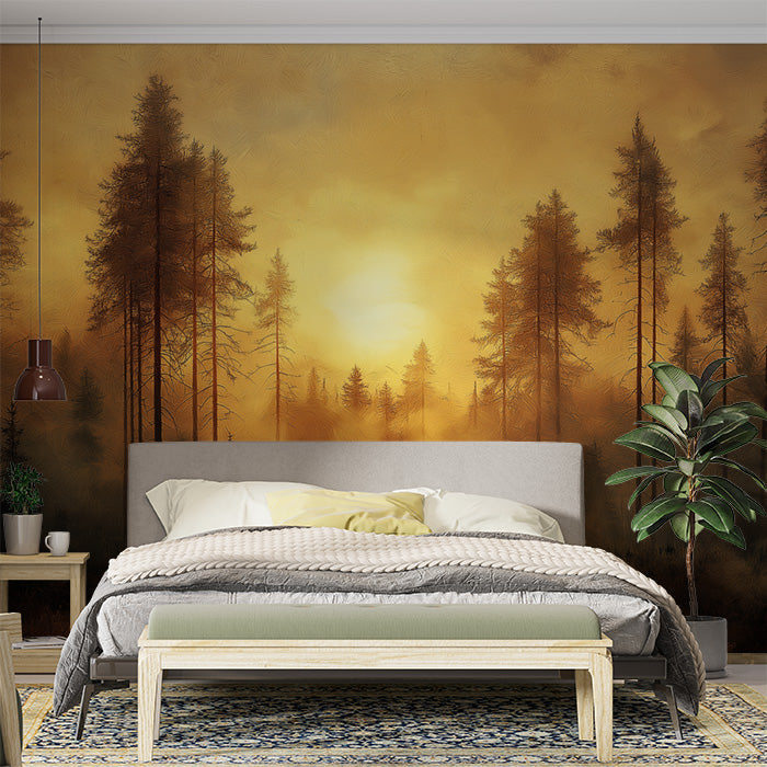 Forest at Sunset Mural Wallpaper in Bedroom | Orange, Yellow, and Black Forest -2
