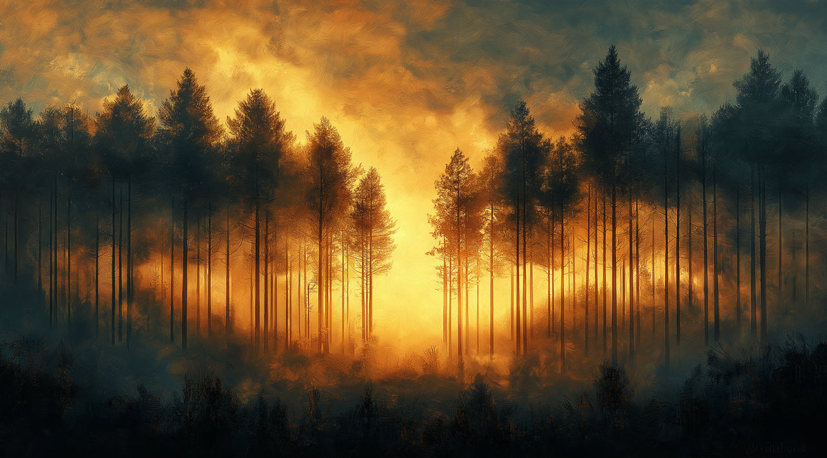 Carta da parati murale "Foresta al tramonto" in camera da letto | Foresta arancione, gialla e nera -3