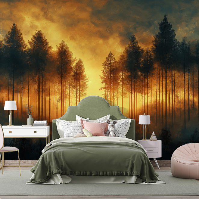 Forest at Sunset Mural Wallpaper in Bedroom | Orange, Yellow, and Black Forest -3