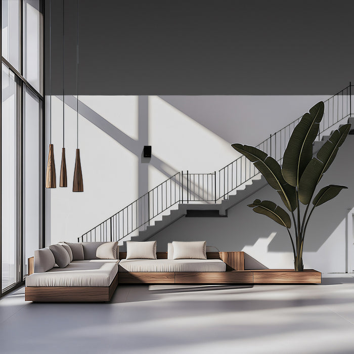 Abstract White Staircase Wallpaper | Modern Architectural Minimalism