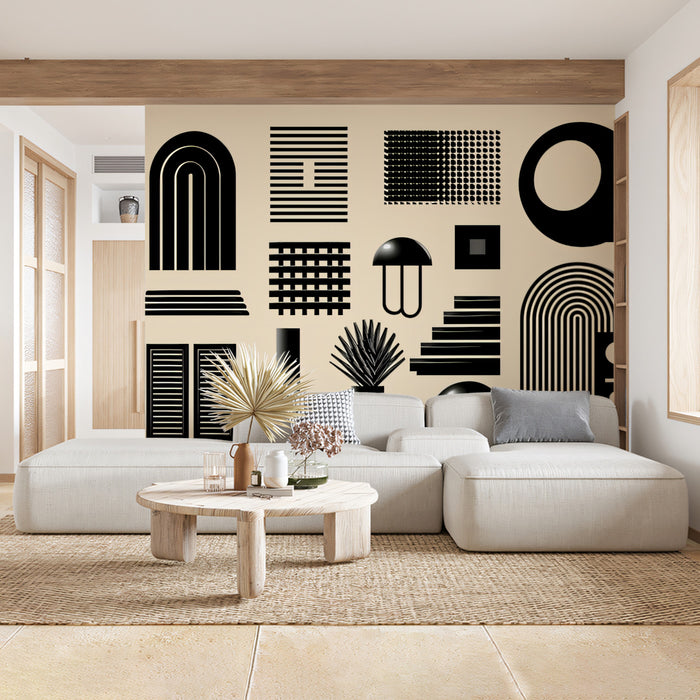 Abstract Black Geometric Icons Wallpaper | Modernist Art Pattern