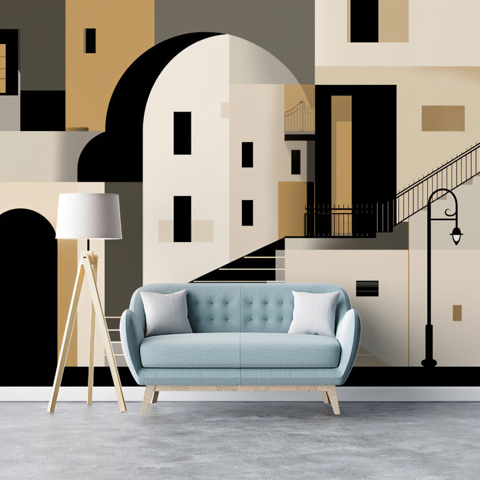 Abstract Mediterranean Cityscape Wallpaper | Geometric Urban Art with Arches