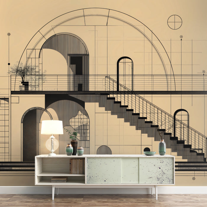 Architectural Blueprint Abstract Wallpaper | Modern Geometric House Design