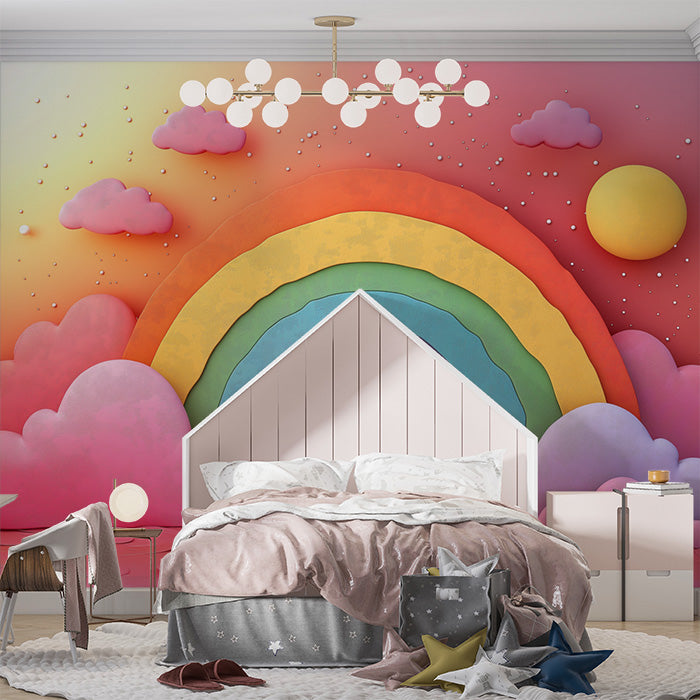 Rainbow and Cloud Mural Wallpaper in Child's Room | Various Bright Colors (Pink, Yellow, Blue, etc.) Rainbow