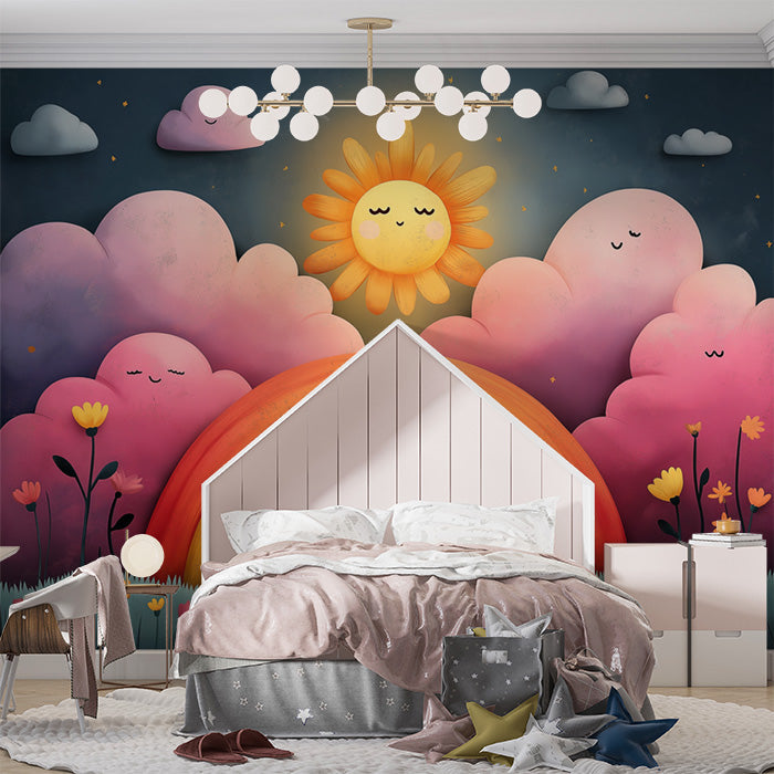 Rainbow and Cloud Mural Wallpaper in Child's Room | Various Bright Colors (Pink, Yellow, Blue, etc.) Rainbow -1