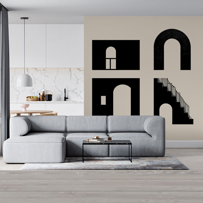 Abstract Black Architectural Icons Wallpaper | Modernist Graphic Pattern