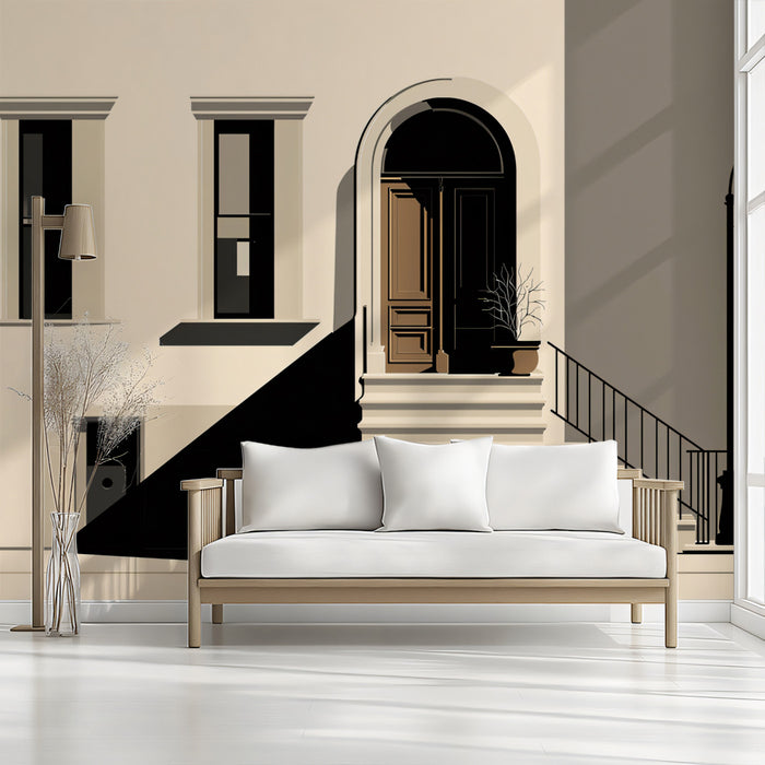Minimalist Urban Street Scene Wallpaper | Abstract Townhouse with Shadow Play