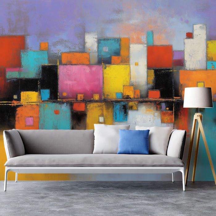 Abstract Cityscape Reflection Wallpaper | Vibrant Urban Art with Water Reflections