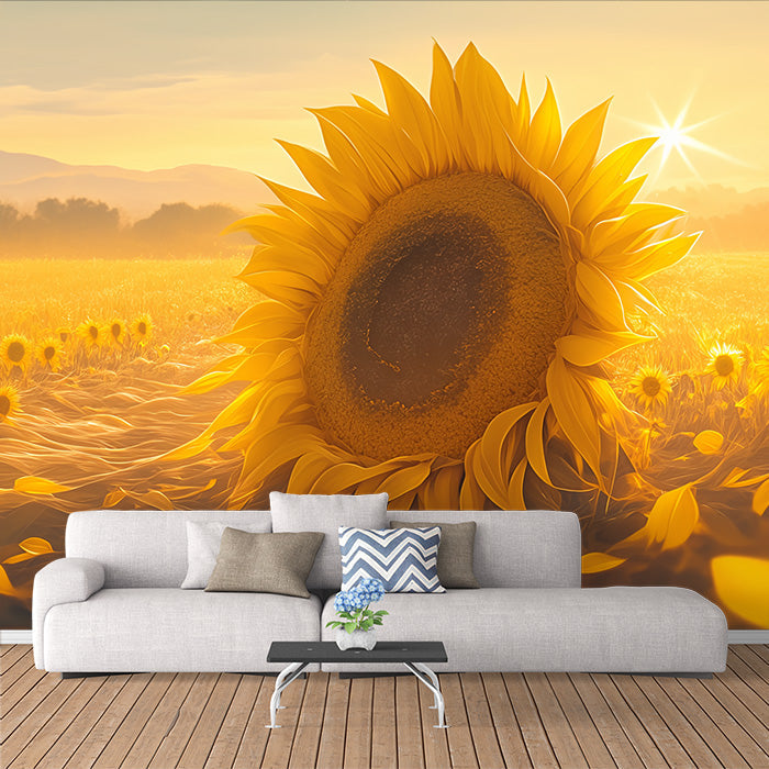 Sunflower Field Mural Wallpaper in Living Room | Yellow and Orange Sunflower
