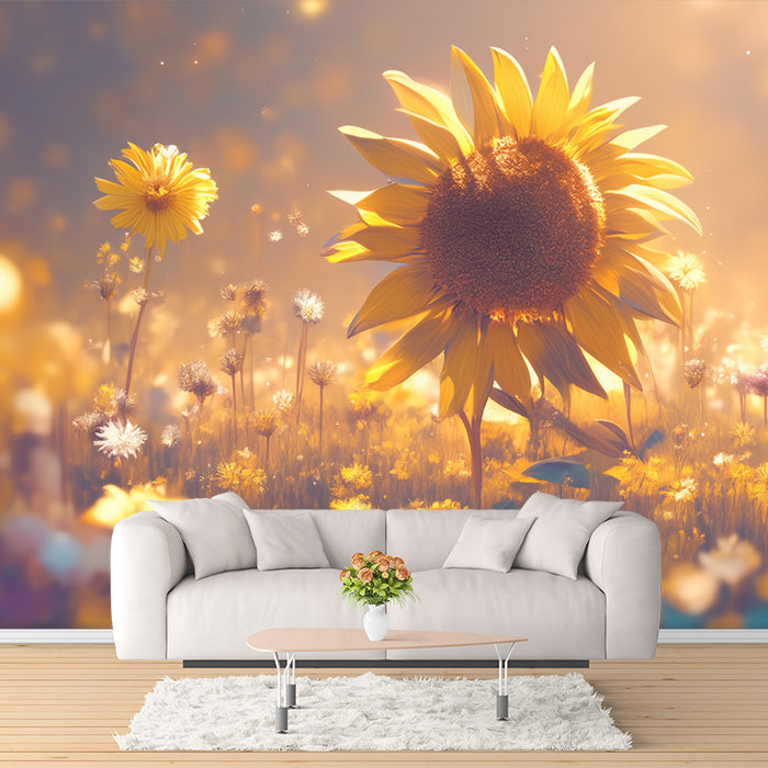 Sunflower Field Mural Wallpaper in Living Room | Yellow and Orange Sunflower -1