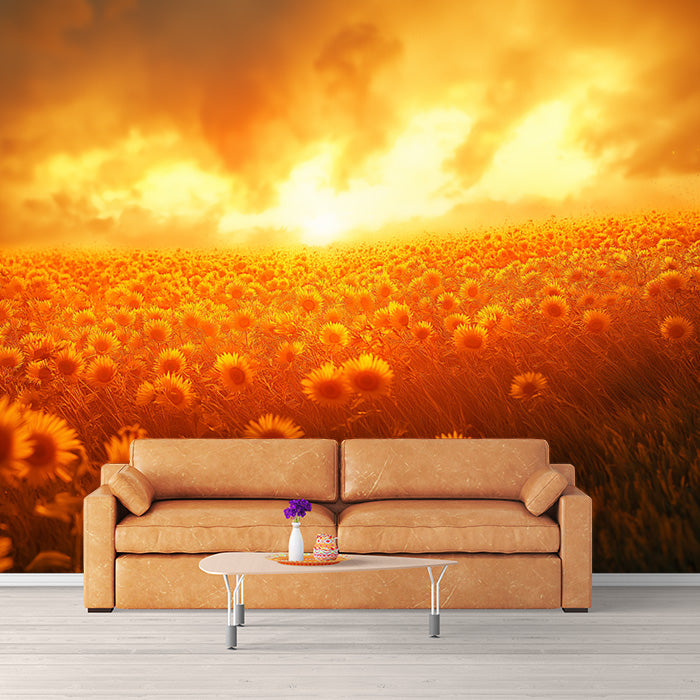 Sunflower Field Mural Wallpaper in Living Room | Yellow and Orange Sunflower -2