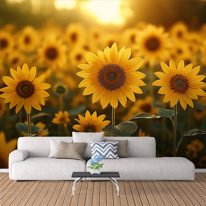 Sunflower Field Mural Wallpaper in Living Room | Yellow and Orange Sunflower -3