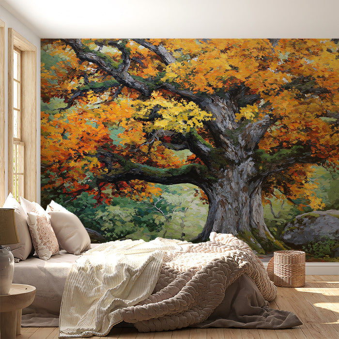Grand Autumn Oak Tree Wallpaper | Vibrant Forest Landscape with Fall Colors