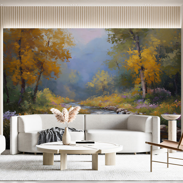 Serene Autumn River Mural Wallpaper | Tranquil Forest Landscape with Creek