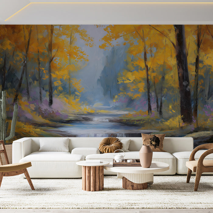 Tranquil Autumn River Mural Wallpaper | Peaceful Forest Landscape with Flowing Creek