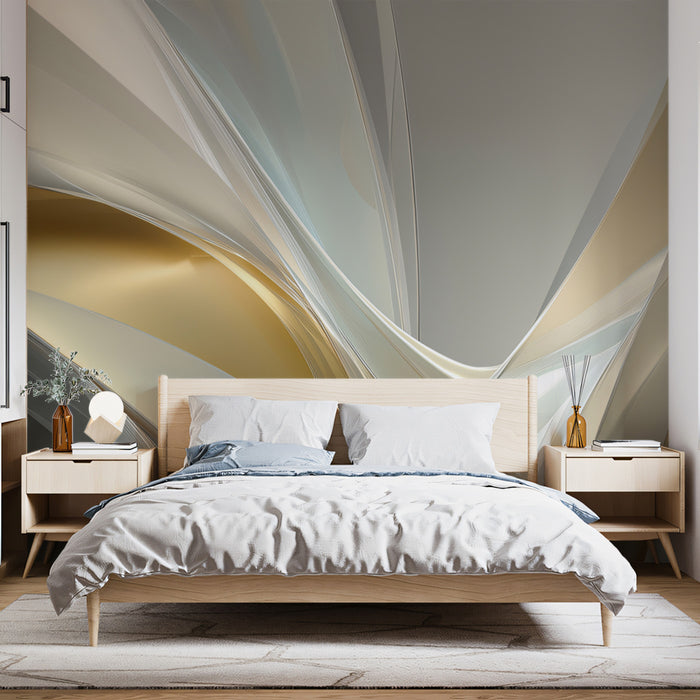 Murale con sfondo astratto dorato e bianco | Elegante arte a nastro metallico