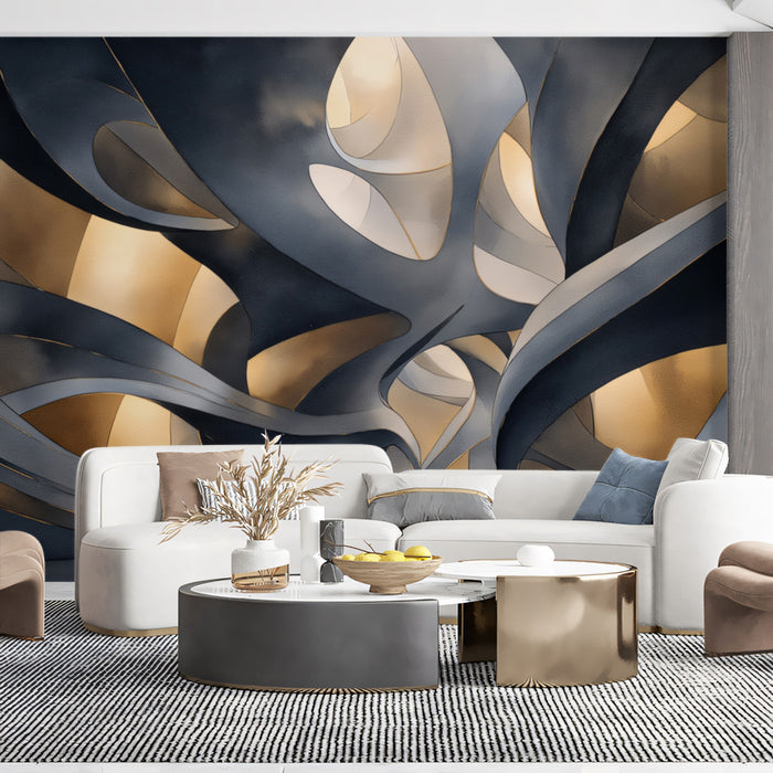 Abstract Golden & Grey Cavern Mural Wallpaper | Mystical Architectural Form Art