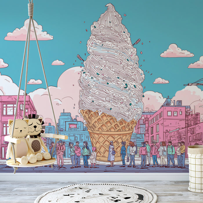 Giant Ice Cream Cone in City Mural Wallpaper | Whimsical Urban Art with Pastel Hues