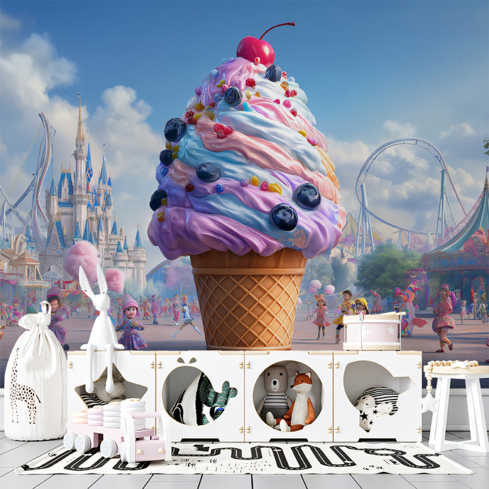 Giant Ice Cream Cone at Amusement Park Mural Wallpaper | Whimsical Fairytale Scene