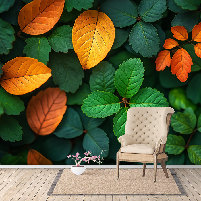Autumn Leaves Mural Wallpaper in Reading Nook | Green, Orange, and Yellow Autumn