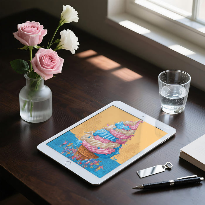 Murale di carta da parati per città con cono gelato gigante | Arte pop urbana stravagante con tonalità pastello