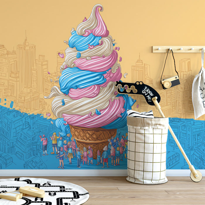 Giant Ice Cream Cone City Mural Wallpaper | Whimsical Urban Pop Art with Pastel Hues